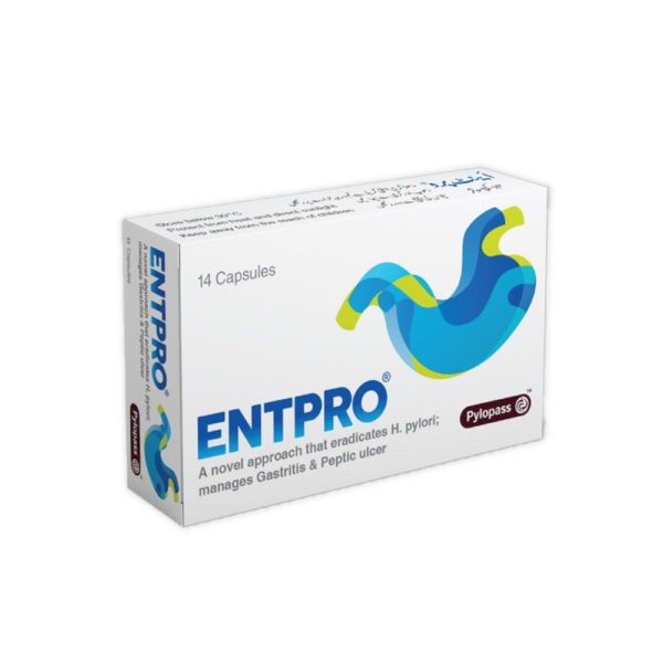 Eradicates H. Pylori in the Stomach. Manage Gastritis & Peptic Ulcer. Exclusive Therapy Developed by International Company Novozymes. Helicobacter pylori is prevalent in Pakistan. It is a class 1 carcinogen. Entpro (Lactobacillus reuteri DSM 17648) also known as Pylopass is the only H Pylori specific probiotic in Pakistan. This product reduces the risk of peptic ulcer, gastric cancer, dyspepsia and gastritis.